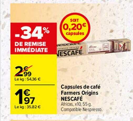 capsules de café farmer origins nescafé -34% remise immédiate