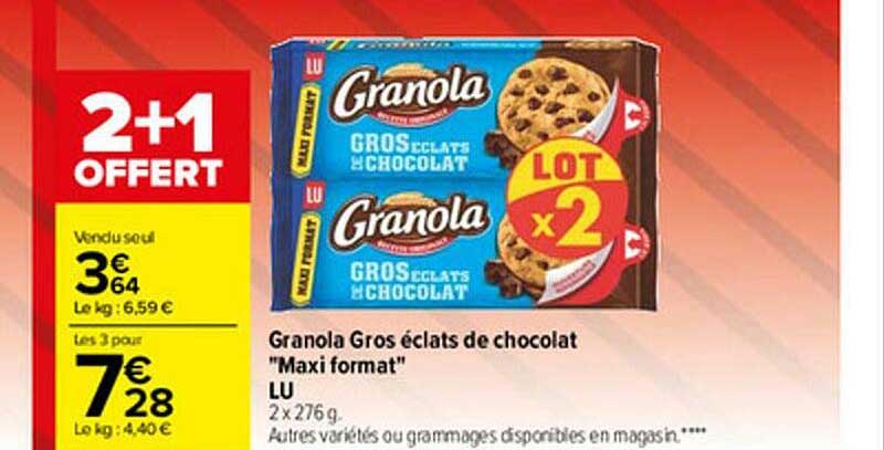 granola gros éclats de chocolat maxi format lu 2+1 offert