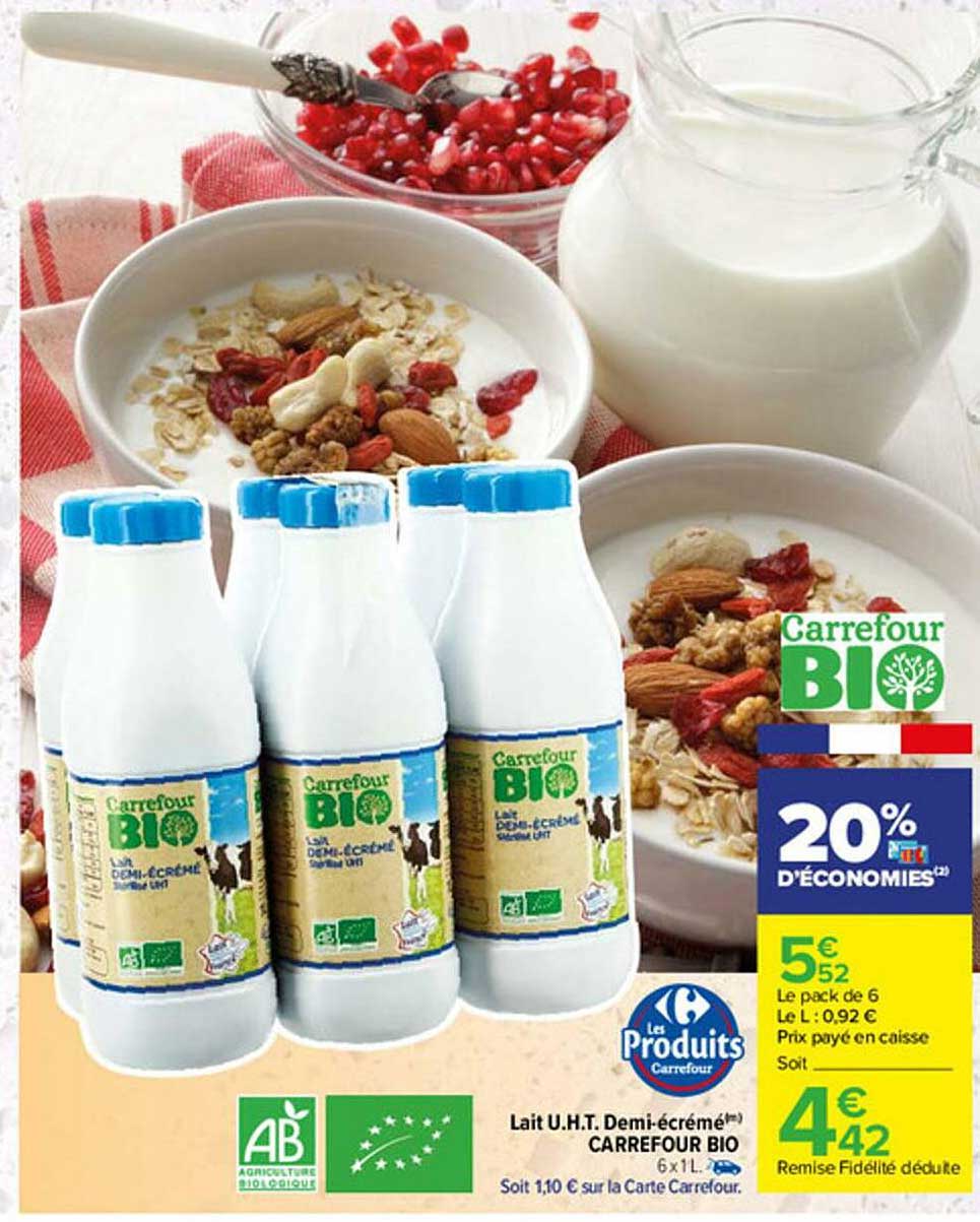 lait u.h.t. demi-écrémé carrefour bio
