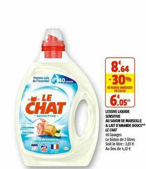 lessive liquide sensitive au savon de marseille & lait d'amande douce le chat