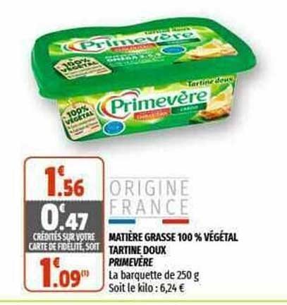 matière grasse 100% végétal tartine doux primevère
