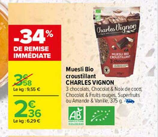 muesli bio croustillant charles vignon -34% remise immédiate