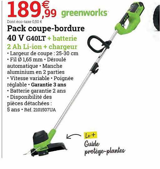 pack coupe-bordure 40 v g40lt + batterie 2 ah li-ion + chargeur greenworks