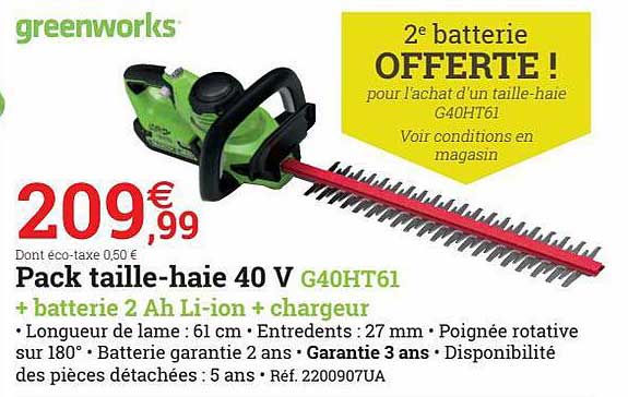 pack taille-haie 40v g40ht61 + batterie 2 ah li-ion + chargeur greenworks