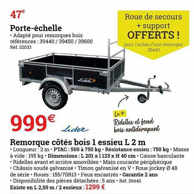 remorque côtés bois 1 essieu l 2 m lider