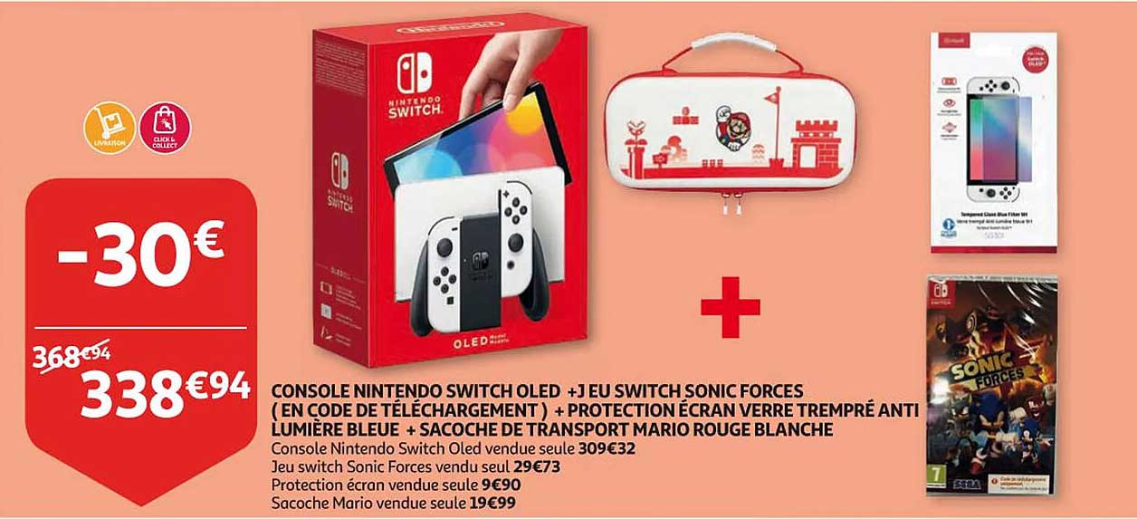 console nintendo switch oled + jeux switch sonic forces + protection écran verre trempé anti lumière bleue + sacoche de transport mario rouge blanche