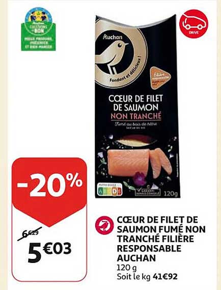 cœur de filet de saumon fumé non tranché filière responsable auchan