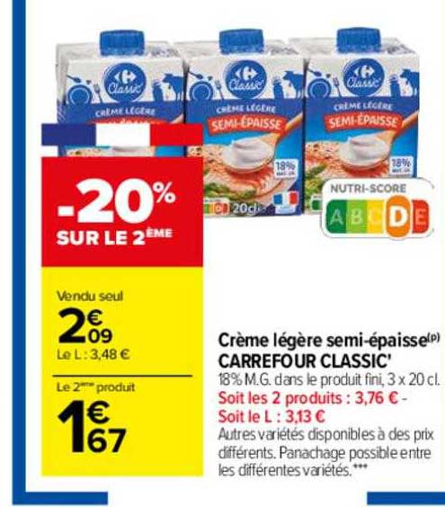 crème légère semi-épaisse carrefour classic'