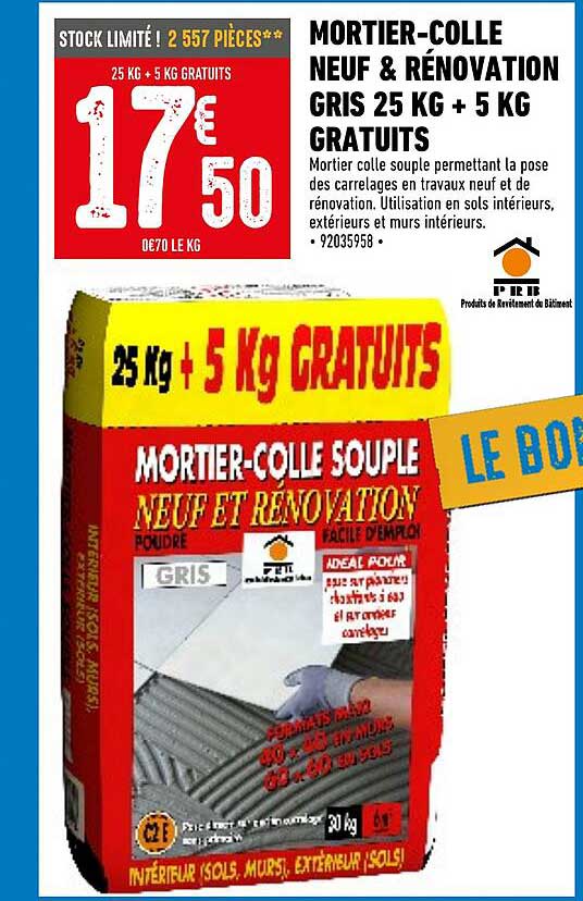 mortier-colle neuf & rénovation gris 25 kg + 5 kg gratuit