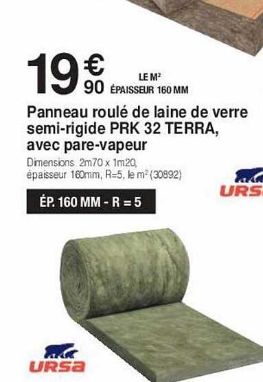 panneau roulé de laine de verre semi-rigide prk 32 terra, avec pare-vapeur ursa