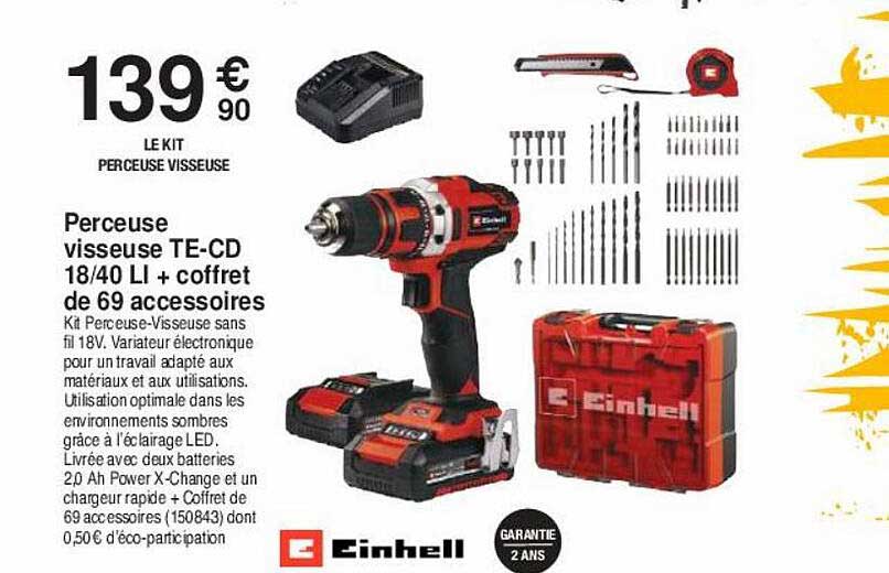 perceuse visseuse te-cd 18-40 lI + coffret de 69 accessoires einhell