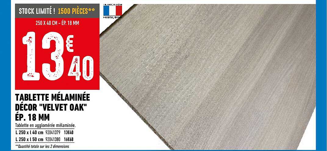 tablette mélaminée décor "velvet oak" ép. 18 mm