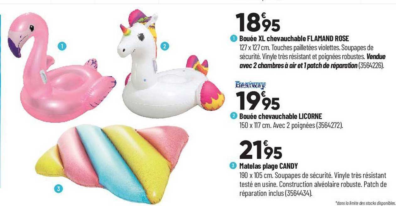 bouée xl chevauchable flamand rose, bouée chevauchable licorne, matelas plage candy