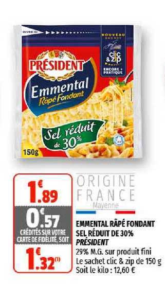emmental râpé fondant sel réduit de 30% président