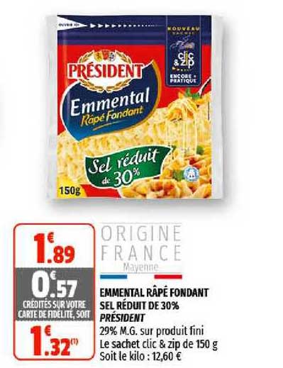 emmental râpé fondant sel réduit de 30% président