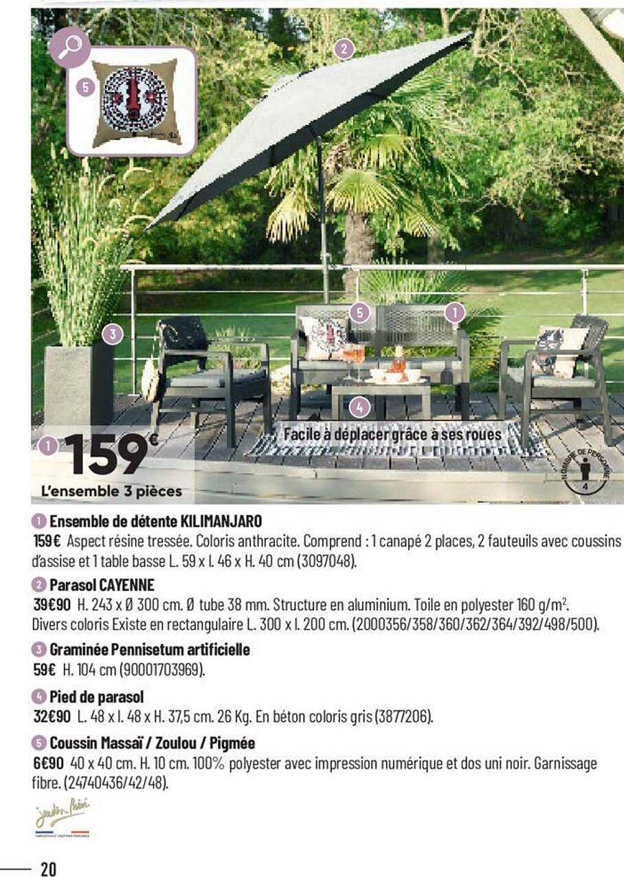 ensemble de détente kilimanjaro, parasol cayenne, graminée pennisetum artificielle, pied de parasol, coussin massaï - zoulou - pigmée