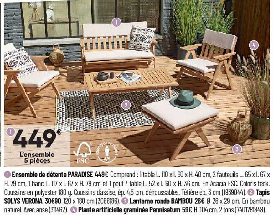 ensemble de détente paradise, tapis solys verona, lanterne ronde bambou, plante artificielle graminée pennisetum