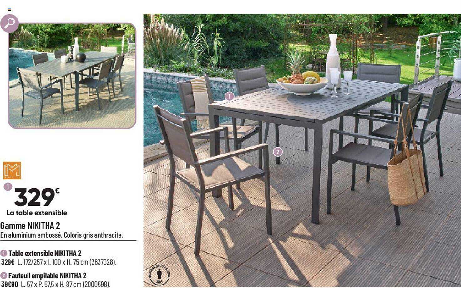 gamme nikitha 2 : table extensible, fauteuil empilable