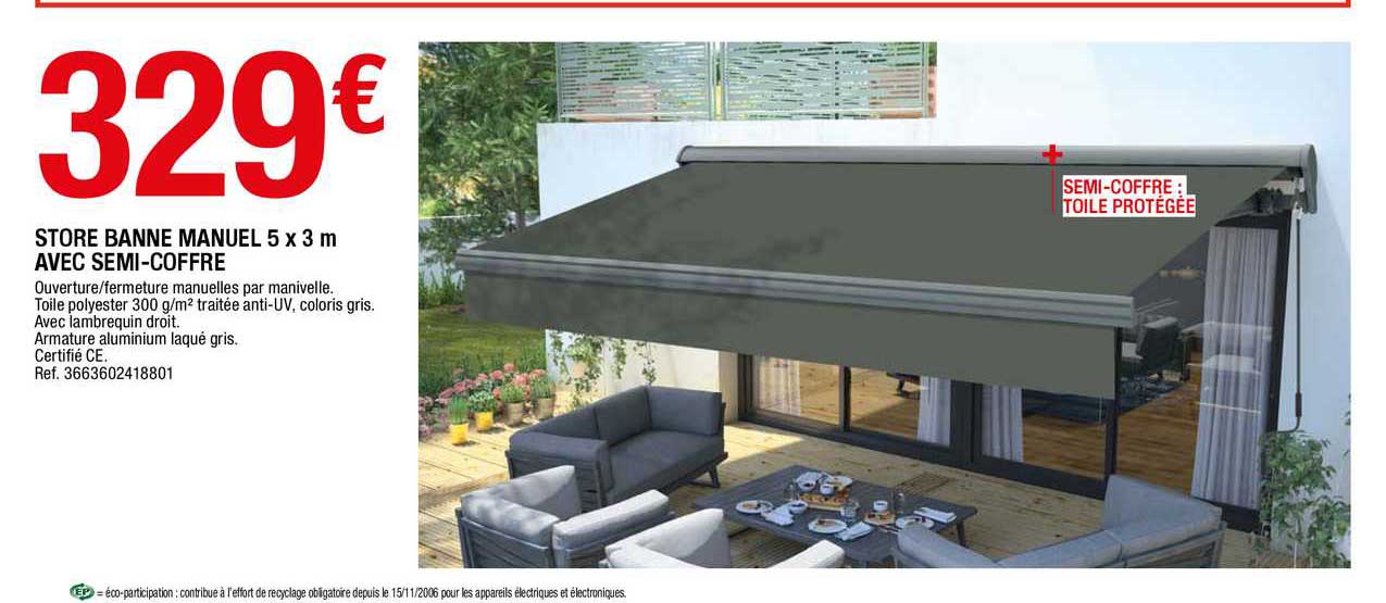 store banne manuel 5 x 3 m avec semi-coffre