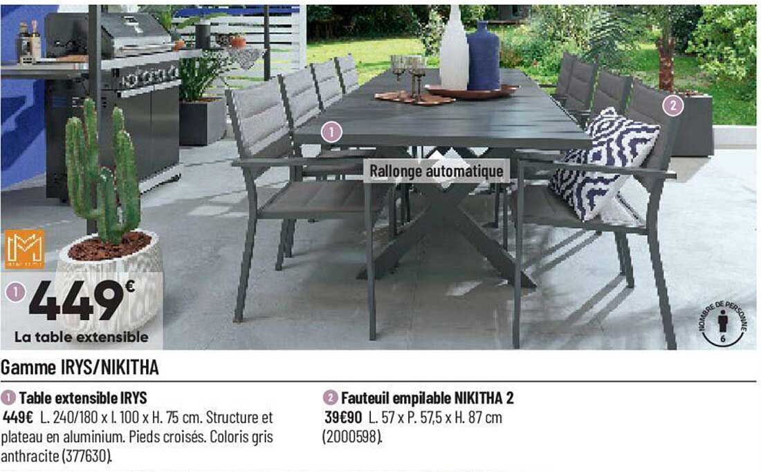 table extensible irys, fauteuil empilable nikitha 2