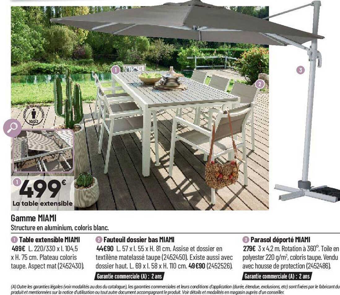 Table Extensible Miami, Fauteuil Dossier Bas Miami, Parasol Déporté Miami