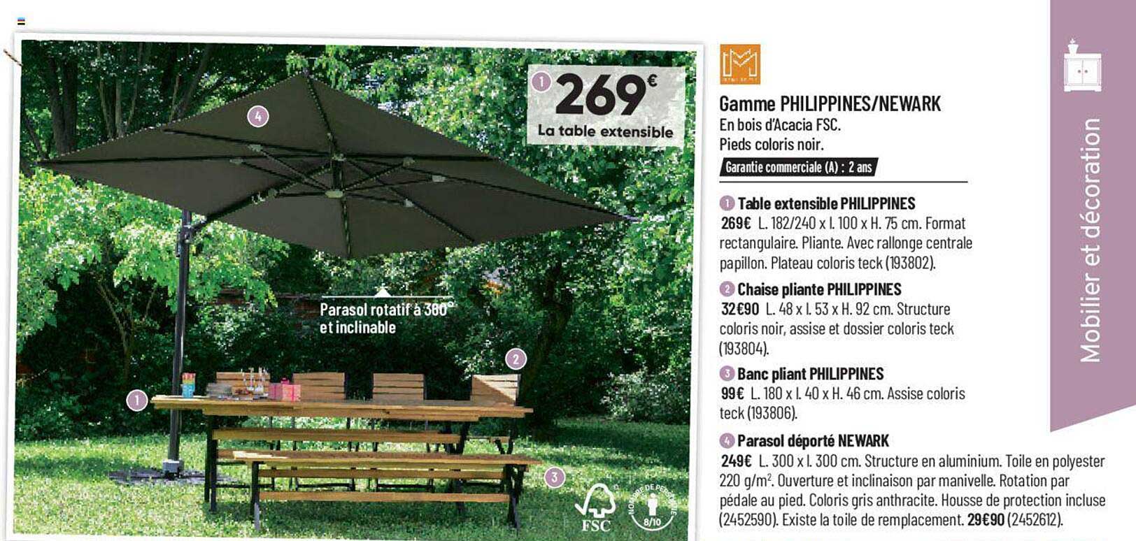 table extensible philippines, chaise pliante philippines, banc pliant philippines, parasol déporté newark