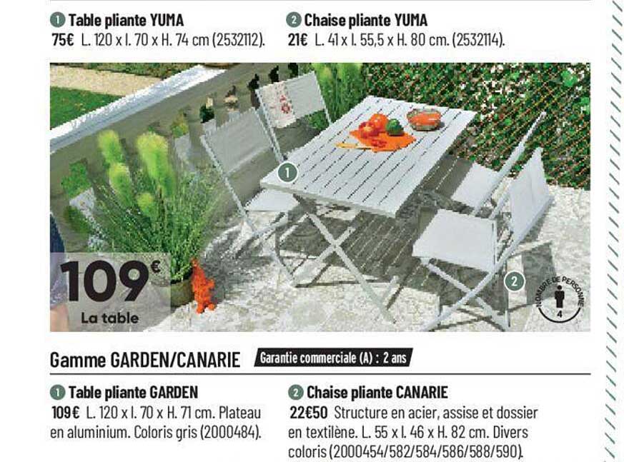 table pliante yuma, chaise pliante yuma, table pliante garden, chaise pliante canarie