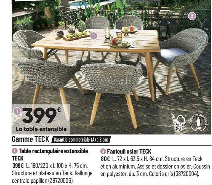 table rectangulaire extensible teck , fauteuil osier teck