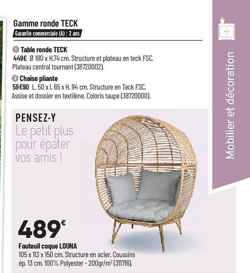 table ronde teck, chaise pliante