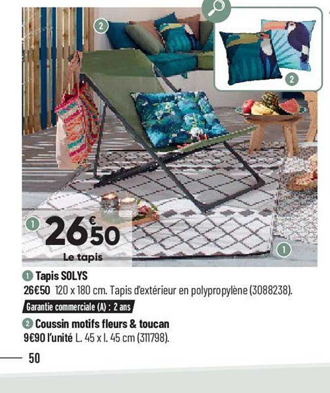 tapis solys, coussin motifs fleurs & toucan