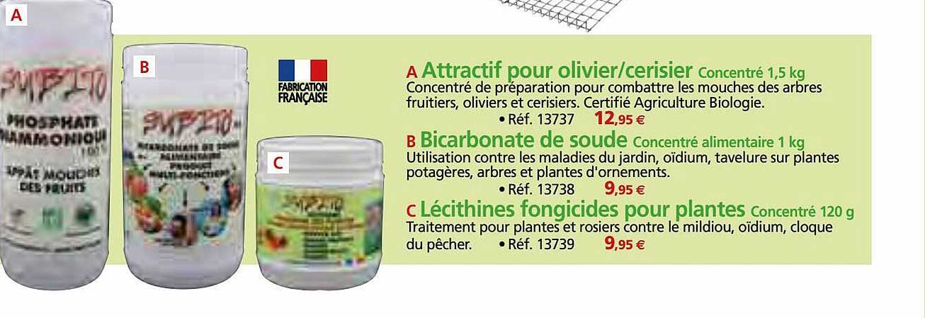 attractif pour olivier - cerisier, bicarbonate de soude, lécithines fongicides pour plantes