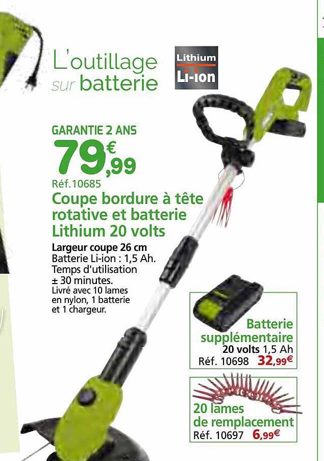 coupe bordure à tête rotative et batterie lithium 20 volts