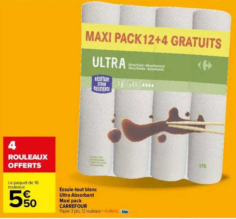 essuie-tout blanc ultra absorbant maxi pack carrefour