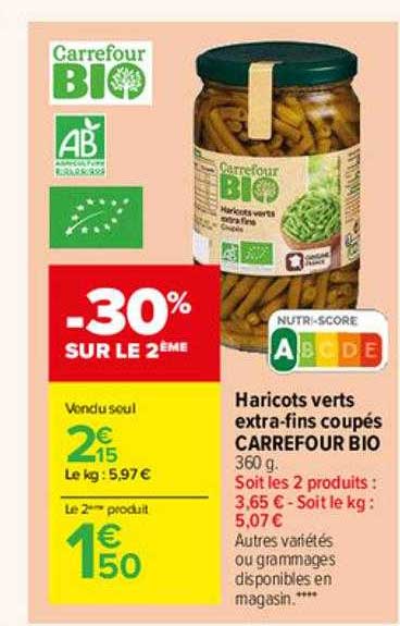 haricots vert extra-fins coupés carrefour bio
