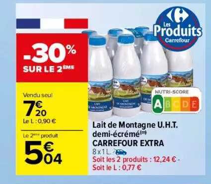 lait de montagne u.h.t. demi-écrémé carrefour extra -30% sur le 2ème