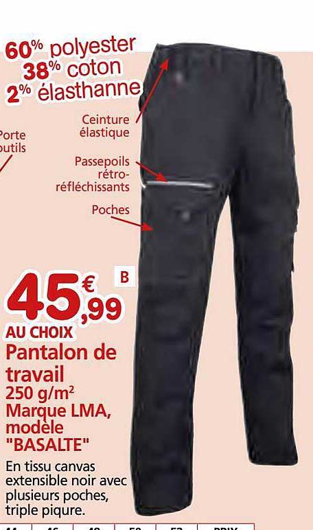 pantalon de travail 250 g-m² marque lma, modèle "basalte"