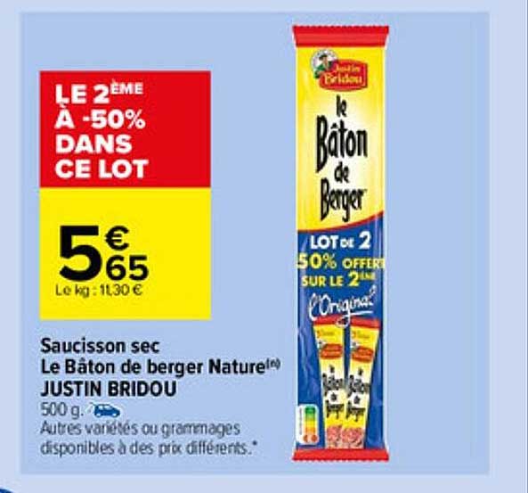 saucisson sec le bâton de berger nature justin bridou