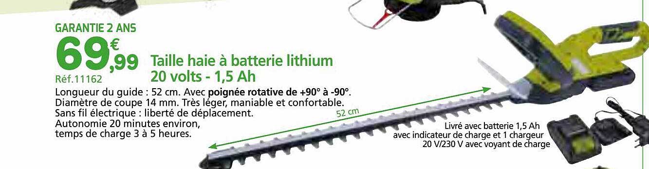 taille haie à batterie lithium 20 volts - 1,5 ah