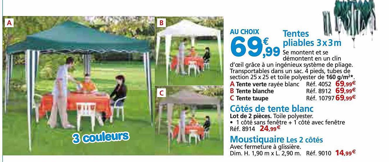 tentes pliables  3 x 3 m, côtés de tente blanc, moustiquaire les 2 côtés