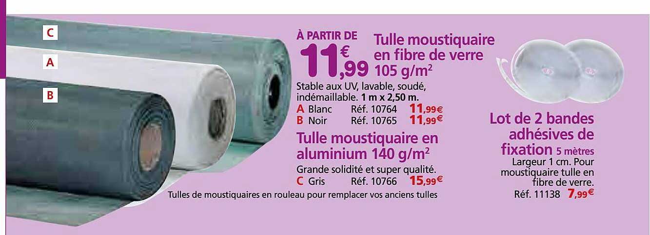 tulle moustiquaire en fibre de verre 105 g-m², tulle moustiquaire en aluminium 140 g-m², lot de 2 bandes adhésives de fixation 5 mètres