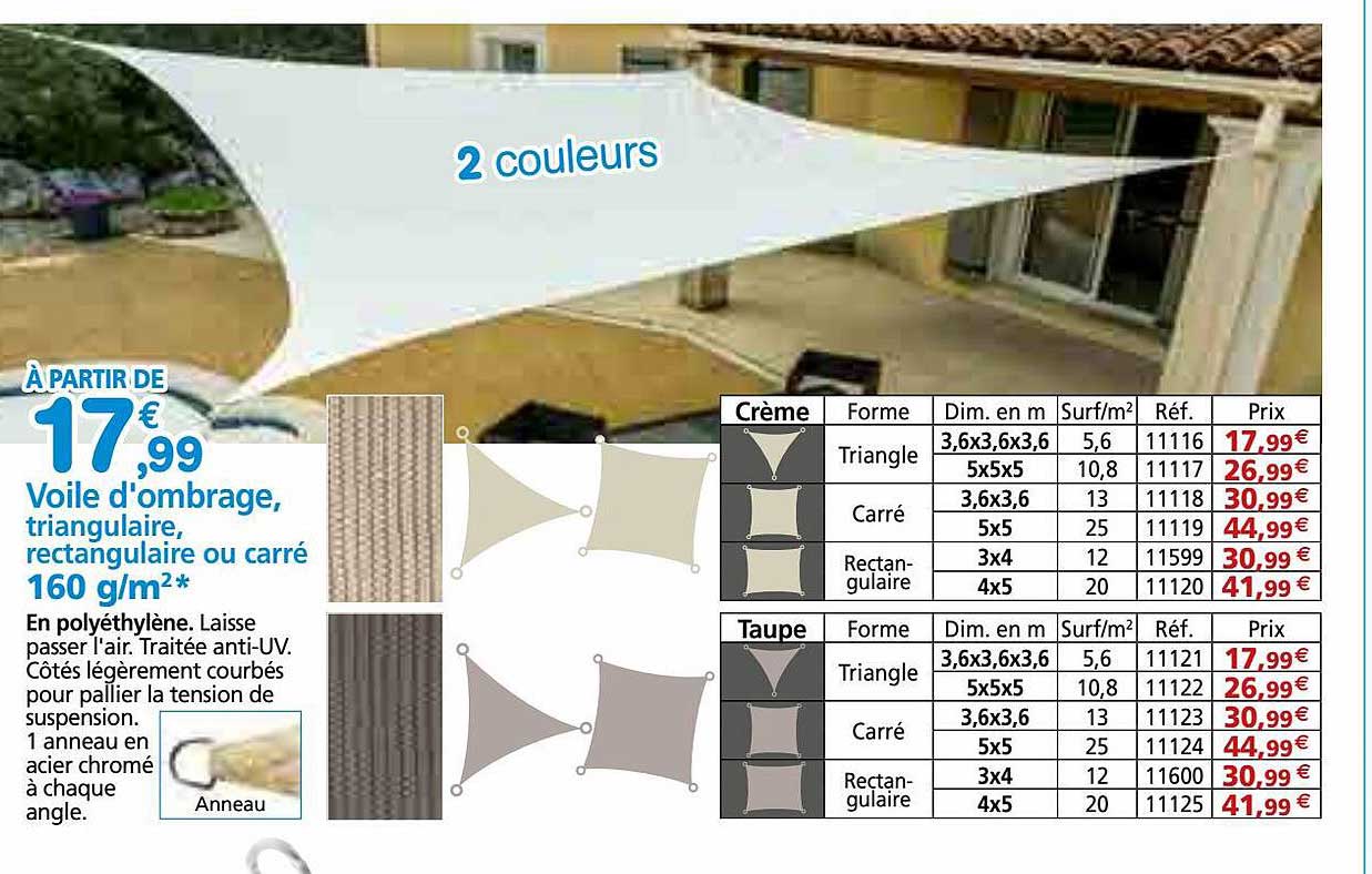 voile d'ombrage, triangulaire, rectangulaire ou carré 160 g-m²