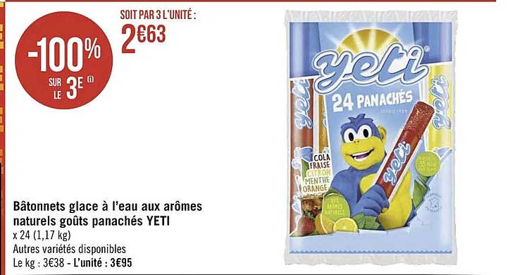 bâtonnets glace à l'eau aux arômes naturels goûts panachés yeti