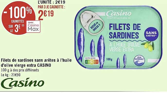 filets de sardines sans arêtes à l'huile d'olive vierge extra casino