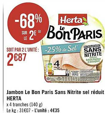 jambon le bon paris sans nitrite sel réduit herta