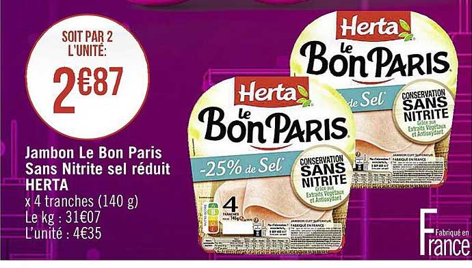 jambon le bon paris sans nitrite sel réduit herta