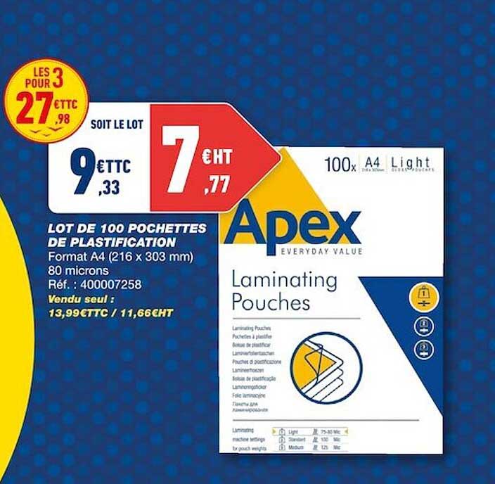 lot de 100 pochettes de plastification apex