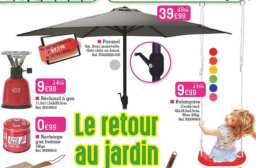 parasol, réchaud à gaz, recharge gaz butane, balançoire