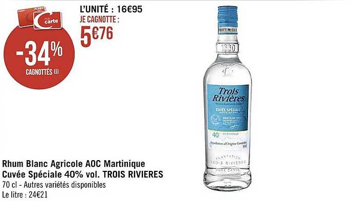 rhum blanc agricole aoc martinique cuvée spéciale 40% vol. trois rivières