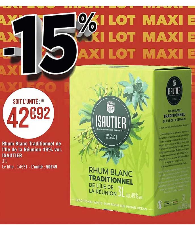 rhum blanc traditionnel de l'île de la réunion 49% vol. isautier