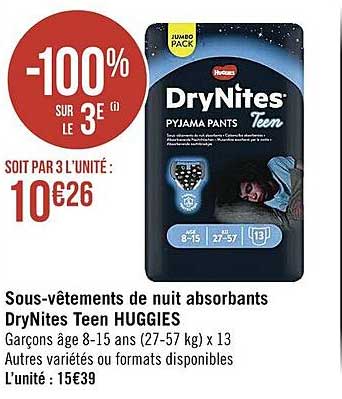 sous-vêtements de nuit absorbants dry nites teen huggies